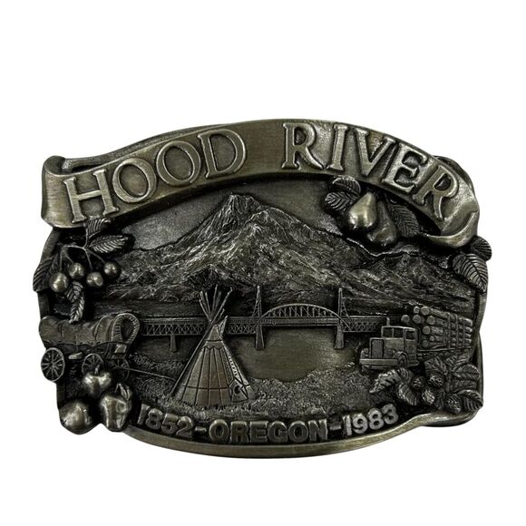 Hood River Oregon 1983 Commemorative Belt Buckle Teepee Covered Wagon Log Truck - Picture 2 of 5